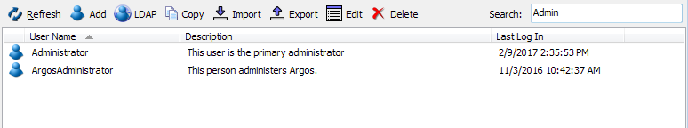 Searching for the string "Admin" changes the list of users to only display those that have "admin" in their usernames.  In this case, Administrator, ArgosAdministrator, and Test_Administrator.